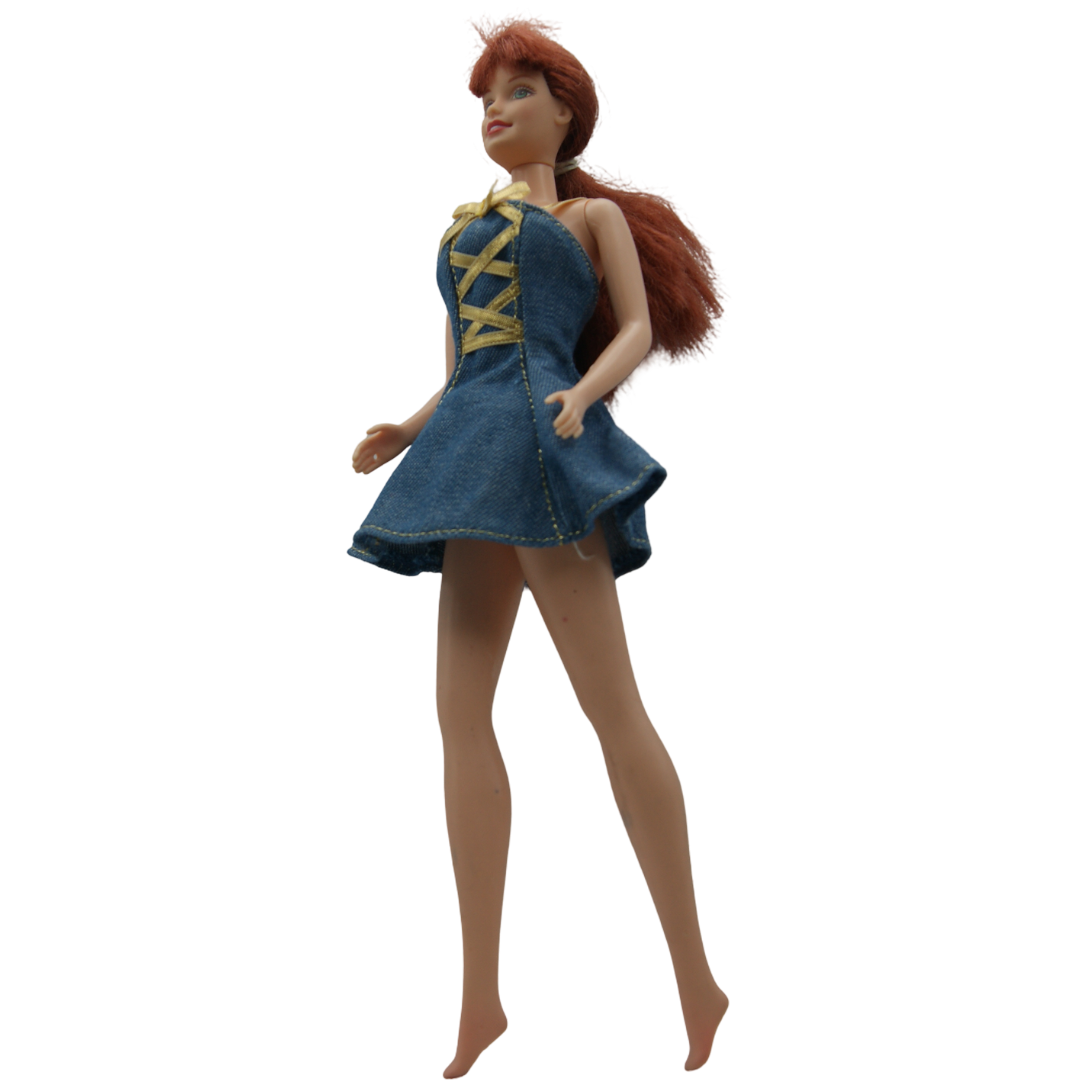 Mattel Barbie Puppe Rothaarig Jeanskleid Blau Gold ca. 29 cm